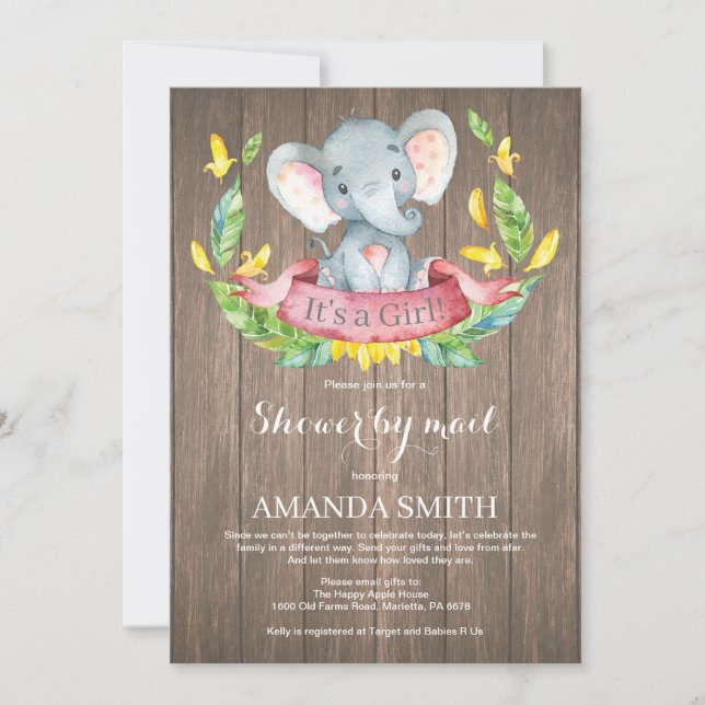Convite Chá de fraldas Rustic Girl Elephant por Mail (Frente)