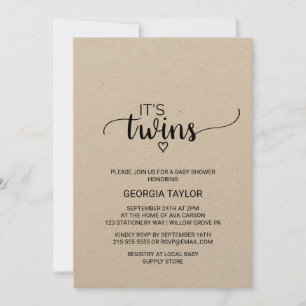 Convite Chá de fraldas Rustic Kraft Calligraphy Twins