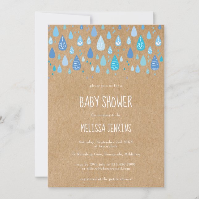 Convite Chá de fraldas Rustic Kraft Cute Blue Raindrops Bo (Frente)