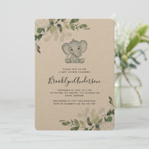 Convite Chá de fraldas Rustic Kraft Elephant Eucalyptus
