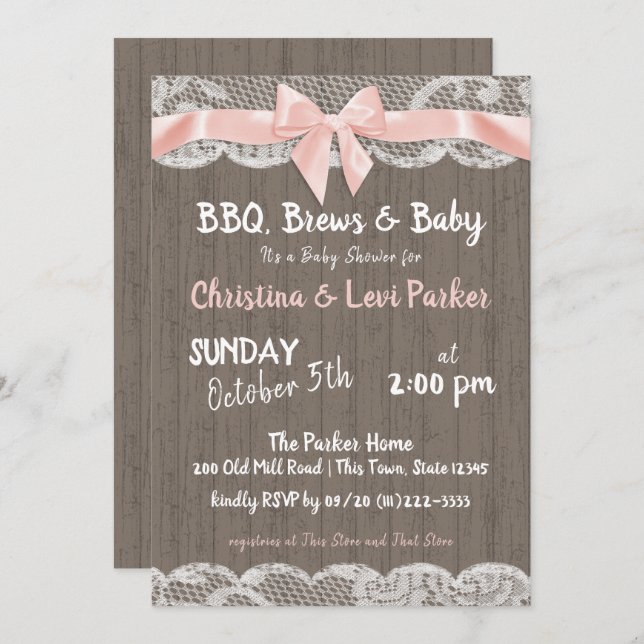 Convite Chá de fraldas Rustic Lace and Wood (Frente/Verso)