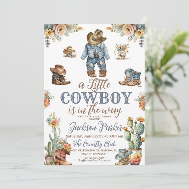 Convite Chá de fraldas Rustic Little Cowdoy Wild West Boy (Em pé/Frente)