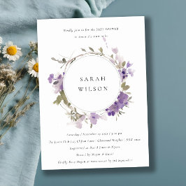 Convite Chá de fraldas Rustic Meadow Lilac Floral Wreath