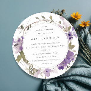 Convite Chá de fraldas Rustic Meadow Lilac Floral Wreath