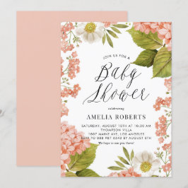 Convite Chá de fraldas Rustic Peach Watercolor Hydrangeas