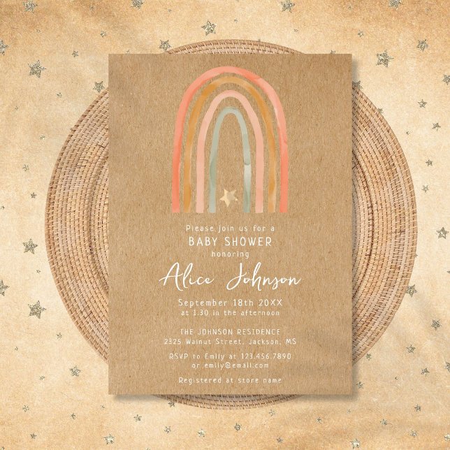 Convite Chá de fraldas Rustic Rainbow E Star Boho (Rustic Rainbow And Star Boho Baby Shower Invitation)