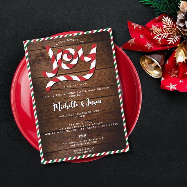 Convite Chá de fraldas Rustic Red Christmas Candy Cane Joy (Criador carregado)