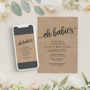 Convite Chá de fraldas Rustic Script Kraft Oh Babies Twins