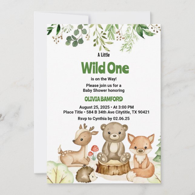 Convite Chá de fraldas Rustic Wild One Forest Creatures (Frente)