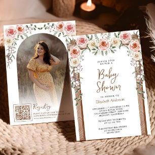 Convite Chá de fraldas Rustic Wood Boho Floral Foto Canopy