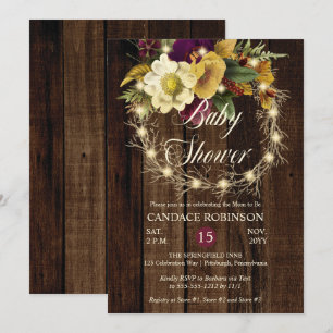 Convite Chá de fraldas Rustic Woodsy Lighted Wreath Girl