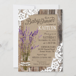 Convite Chá de fraldas Rústico do rendas da madeira lavand
