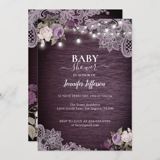 Convite Chá de fraldas Rústico Floral Roxo (Frente/Verso)
