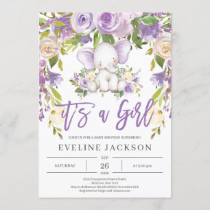 Convite chá de fraldas rústico floral roxo de elefante b