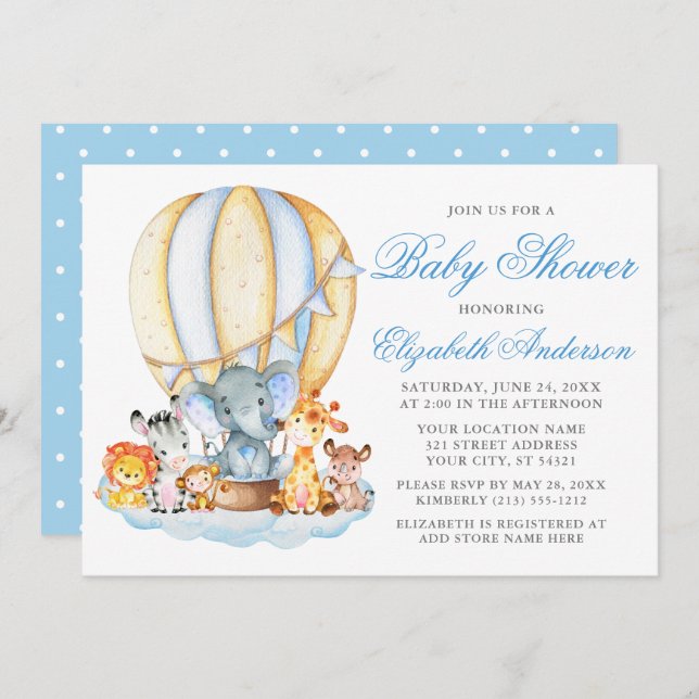 Convite Chá de fraldas Safari Animais de Caça-Ar Pontos de (Frente/Verso)