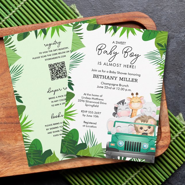Convite Chá de fraldas Safari Animal Da Selva Em Um Único (Jungle animal safari boy baby shower all in one invitations - PRINTED and or INSTANT DOWNLOAD)