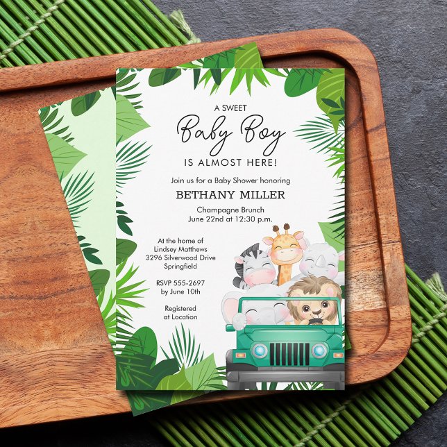 Convite Chá de fraldas Safari Animal Tropical (Jungle safari baby shower invitations)