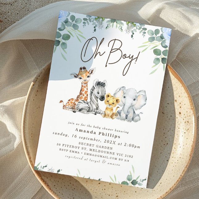 Convite Chá de fraldas Safari Azul de Eucalyptus Foliage (Boys Blue Floral and Foliage Safari Baby Shower Invitation, Jungle Animals Baby Shower Invitation)