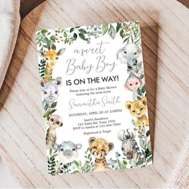 Convite Chá de fraldas Safari, bebê doce (Greenery Safari Animals Baby Shower Invitation )