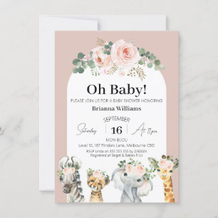Convite Chá de fraldas Safari de Arco Floral Rosa Blush