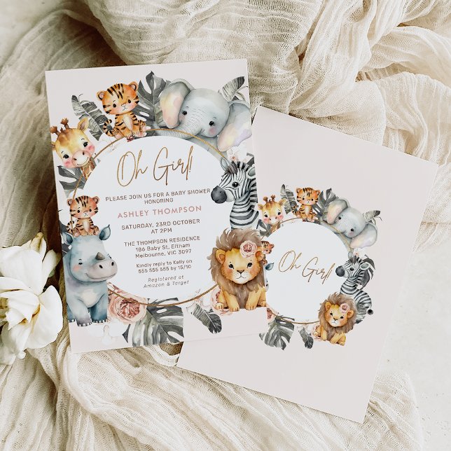 Convite Chá de fraldas Safari de Folhagem Floral Boho Blus (Girls safari baby shower invitation featuring various jungle animals surrounding a circle frame.)