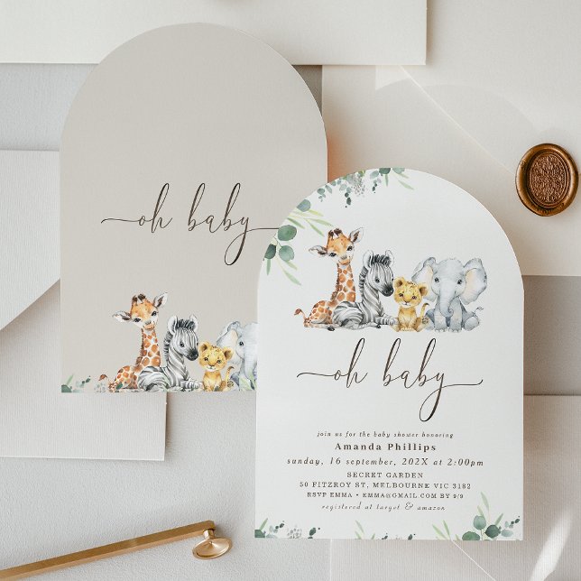 Convite Chá de fraldas Safari de Folhagem Moderna Archada (Safari Baby Shower Invitation Arched Gender Neutral Modern Safari Animals Baby Shower Invite Foliage)