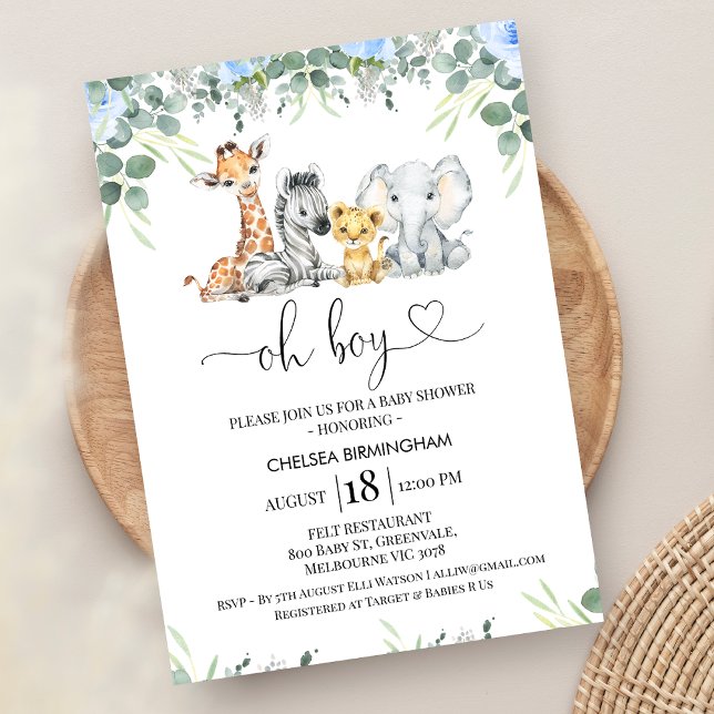 Convite Chá de fraldas Safari Floral Azul de Folhagem Mode (Blue Floral Boys Safari Baby Shower Invitation, Oh Boy Heart, Editable Boy Safari Baby Shower Invite)