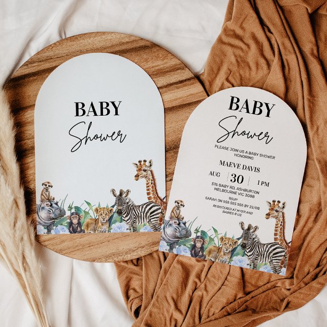 Convite Chá de fraldas Safari Floral Azul para Rapazes Arr (Boys Arched Safari Baby Shower Invitation, Safari Animals Baby Shower Invite, Modern Blue Floral)