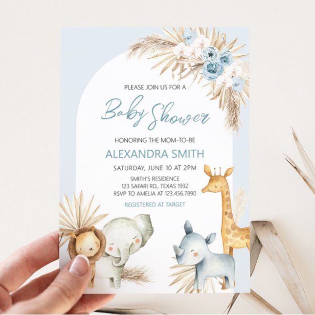 Convite Chá de fraldas Safari Floral Blue Boho (Boy Safari Animals Boho Baby Shower Invitation)