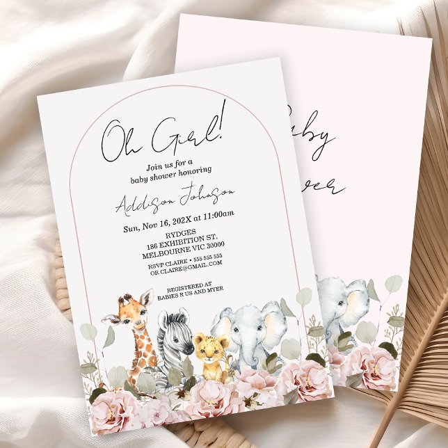Convite Chá de fraldas Safari Floral do Boho Arch Blush (Boho Floral Safari Baby Shower Invitation Girl, Modern Arch Safari Baby Shower Invite, Oh Girls )