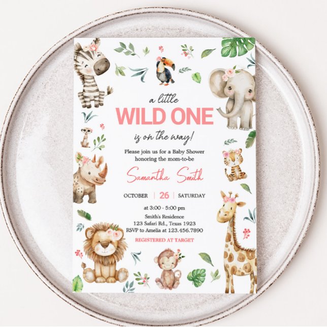 Convite Chá de fraldas Safari Selvagem (Floral Wild One Safari Animals Baby Shower Invitation)