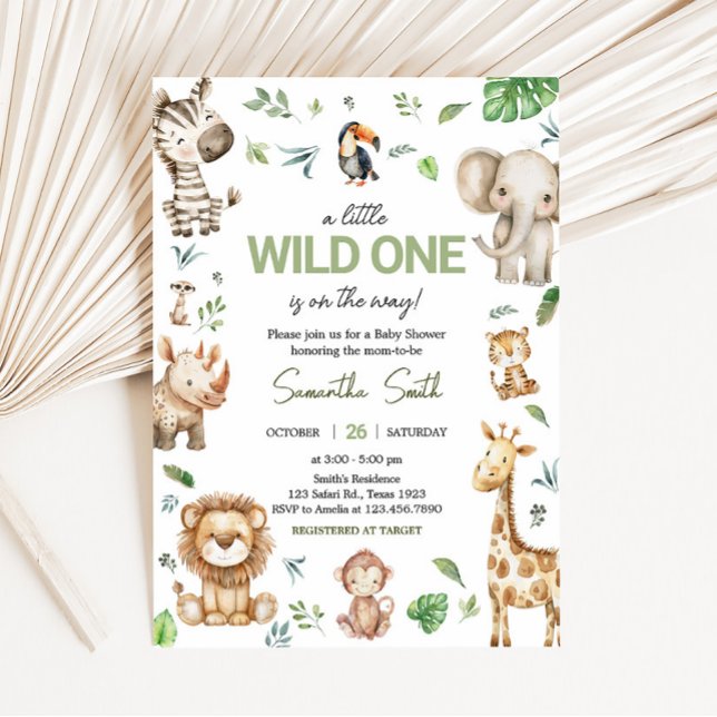 Convite Chá de fraldas Safari Selvagem (Little Wild One Safari Animals Baby Shower Invitation)