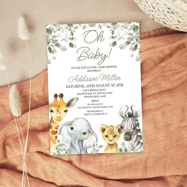 Convite Chá de fraldas Safari Verde Moderno (Greenery Safari Baby Shower Invitation, Foliage Safari Baby Shower Invitation, Jungle Themed)
