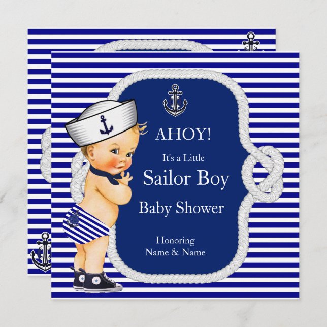 Convite Chá de fraldas Sailor Boy Blue Stripe Blonde (Frente/Verso)