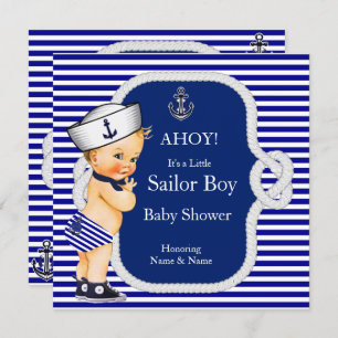 Convite Chá de fraldas Sailor Boy Blue Stripe Blonde