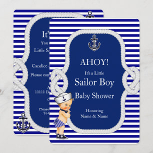 Convite Chá de fraldas Sailor Boy Blue Stripe Blonde