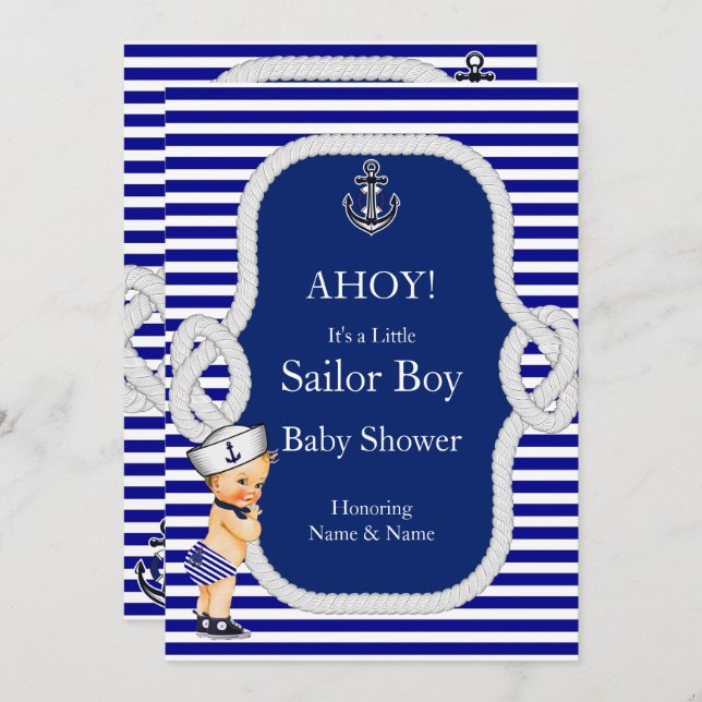 Convite Chá de fraldas Sailor Boy Blue Stripe Blonde (Frente/Verso)