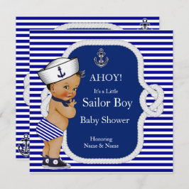 Convite Chá de fraldas Sailor Boy Blue Stripe Brunette
