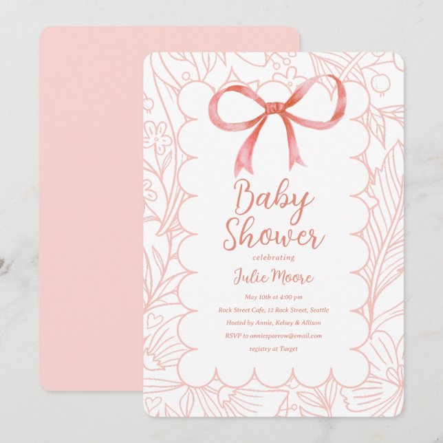Convite Chá de fraldas Scallop Rosa (Frente/Verso)