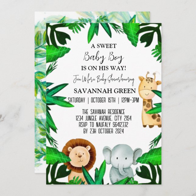 Convite Chá de fraldas Selgle Safari Tropical Animal Selva (Frente/Verso)