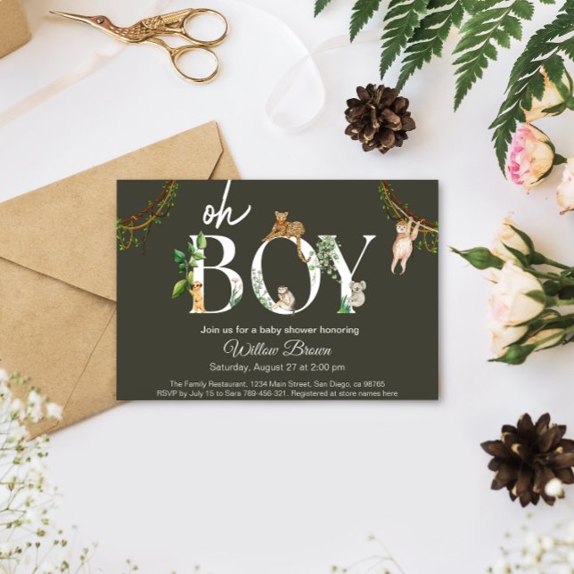 Convite Chá de fraldas Selvagem Animal Safari Wild (Oh Boy Safari animal jungle baby shower card)