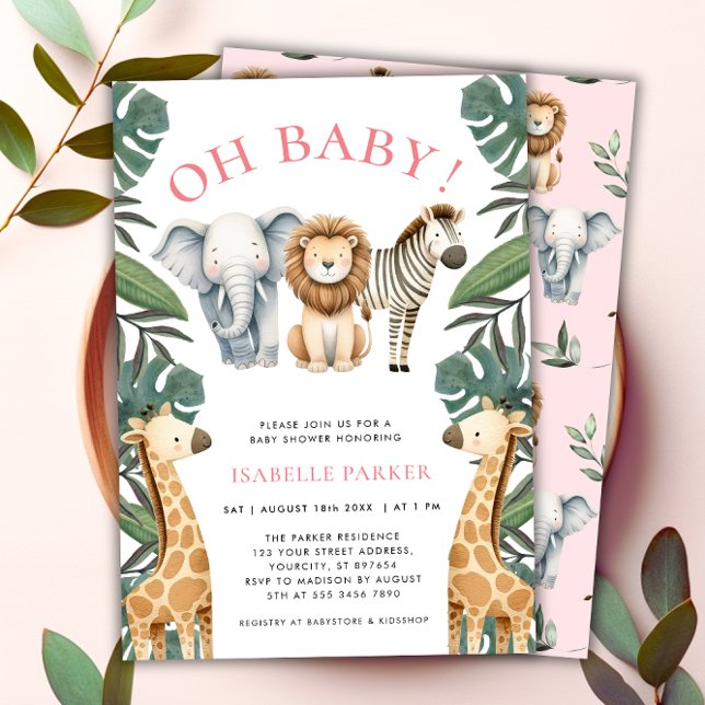 Convite Chá de fraldas Selvagem de Animais Safari (Wild Safari Animals Girl Baby Shower Invitation)