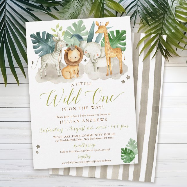 Convite Chá de fraldas Selvagem de Animais Safari (Cute Wild One watercolor jungle safari zoo animals lion crown zebra giraffe elephant boy baby shower)