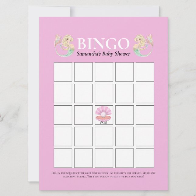Convite Chá de fraldas Sereia Mãe Rosa Bingo Branco (Frente)