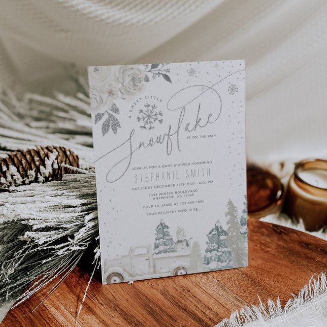 Convite Chá de fraldas Silver Floral Winter Snowflake (Criador carregado)