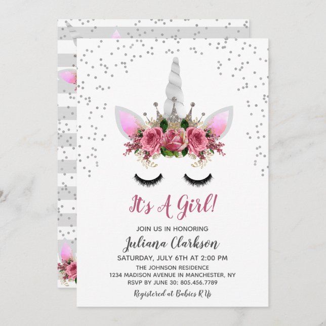 Convite Chá de fraldas Silver Glitter Unicorn Princess (Frente/Verso)