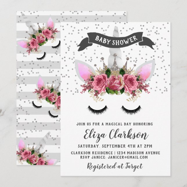 Convite Chá de fraldas Silver Glitter Unicorn Princess (Frente/Verso)