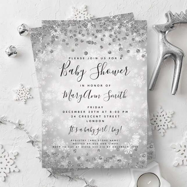 Convite Chá de fraldas Silver Glitter Winter Wonderland (Baby Shower Silver Glitter Winter Wonderland Invitation)