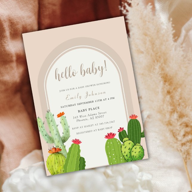 Convite Chá de fraldas Simples de Arco Neutro de Boho Cact (Simple Neutral Boho Cactus Arch Hello Baby Shower Invitation)