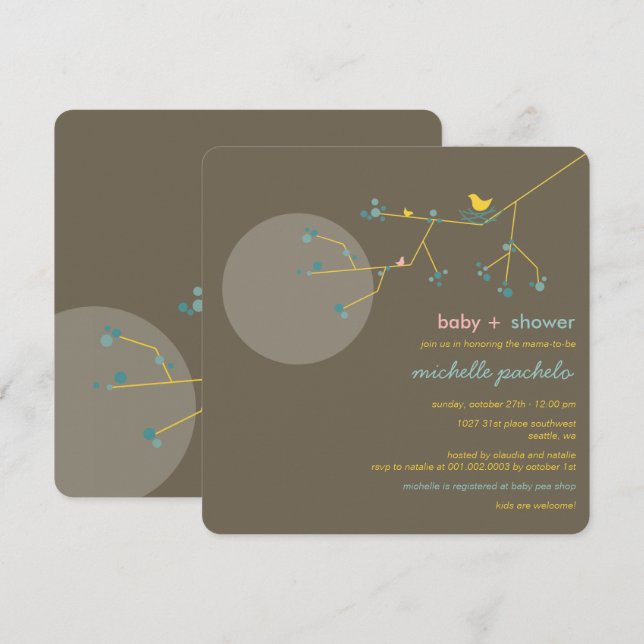 Convite Chá de fraldas Simples de Bird Family Tree (Frente/Verso)